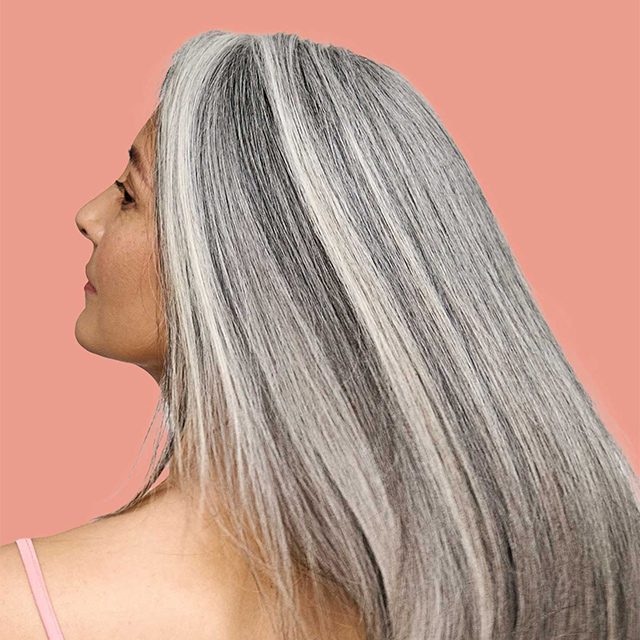 woman with long gray healthy hair